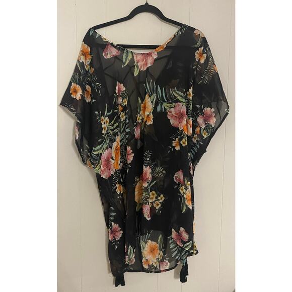 Kona Sol Tropical Floral Black Swim Cover-Up Tassle Webbed Back XL Beach Resort - Picture 1 of 10